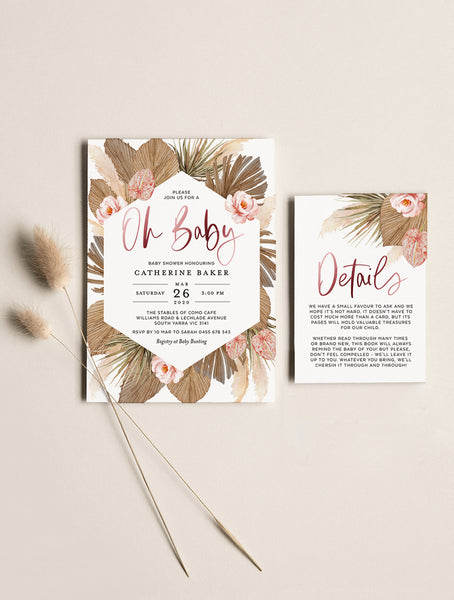 Pampas Grass Oh Baby Shower Invitation GRASS02 Rose Gold_Bright Pink