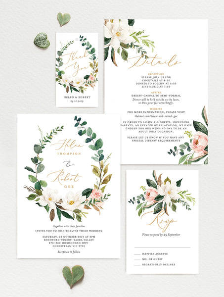 MAG01 Magnolia Greenery Wreath Wedding Invitation Set