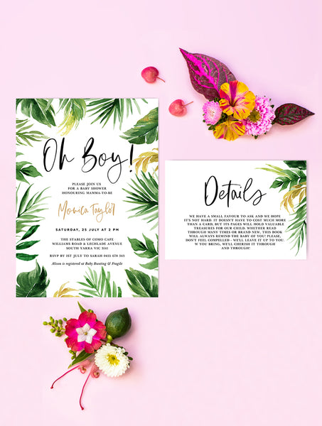 TROP02 Tropical Palm Leaves Baby Shower Invitation 2P