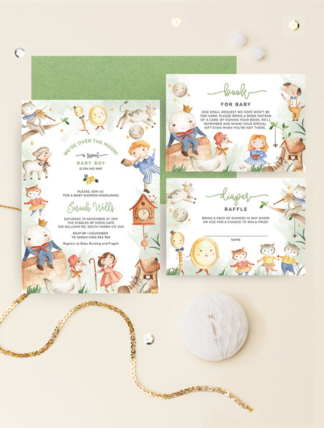 NRHY01 Nursery Rhyme Baby Shower Invitation 3P Green