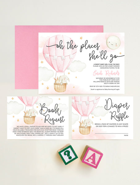 UPUP1 Oh The Places She'll Go Baby Shower Invitation 3P Pink
