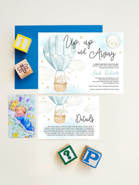 Up And Away Hot Air Balloon Baby Shower Invitation 2P Blue