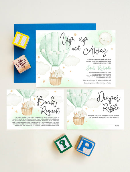 Up up And Away Hot Air Balloon Baby Shower Invitation 3P Green