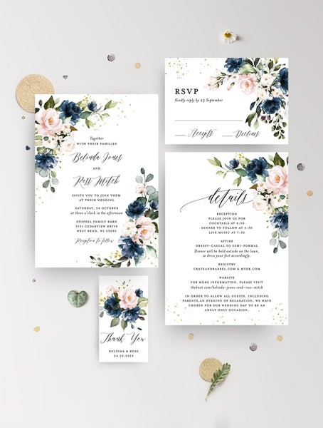 F001NB Dusty Blue Blush Floral Wedding Invitation Set