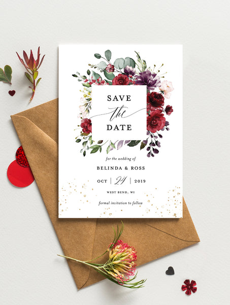 F001 Burgundy Floral Save The Date