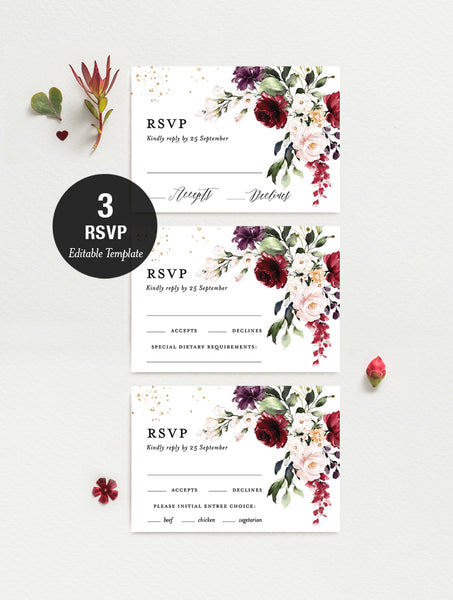 F001 Burgundy Floral Wedding Invitation Set