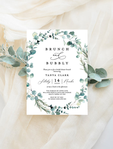 G004W Eucalyptus Wreath Brunch And Bubbly Invitation