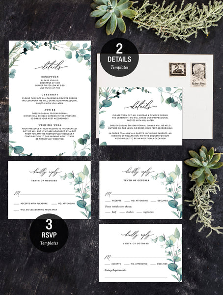 G004W Eucalyptus Wreath Wedding Invitation Set