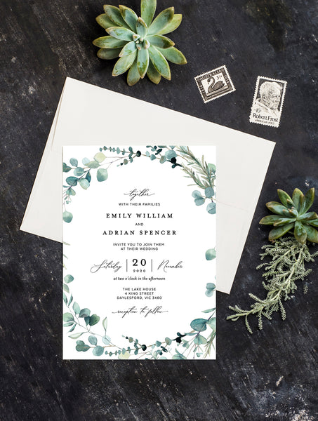 G004W Eucalyptus Wreath Wedding Invitation