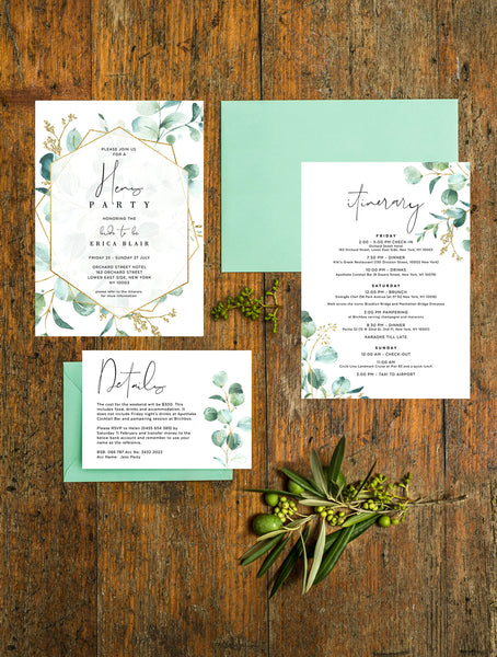 G008 Geometric Greenery Hens Weekend Invitation