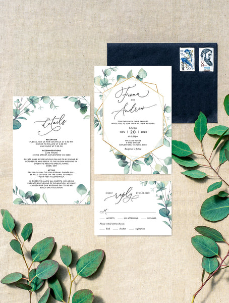 G010 Geometric Eucalyptus Wedding Invitation Set