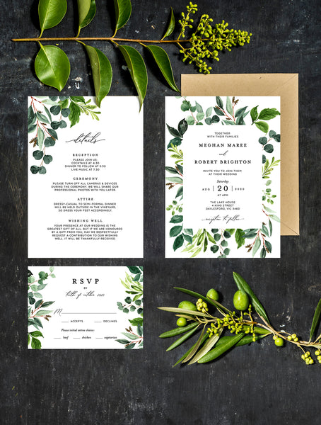G012 Greenery Leaves Wedding Invitation Set