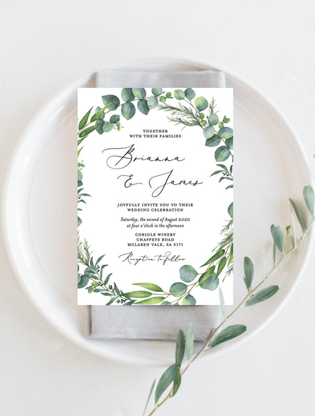 G014 Eucalyptus Wreath Wedding Invitation