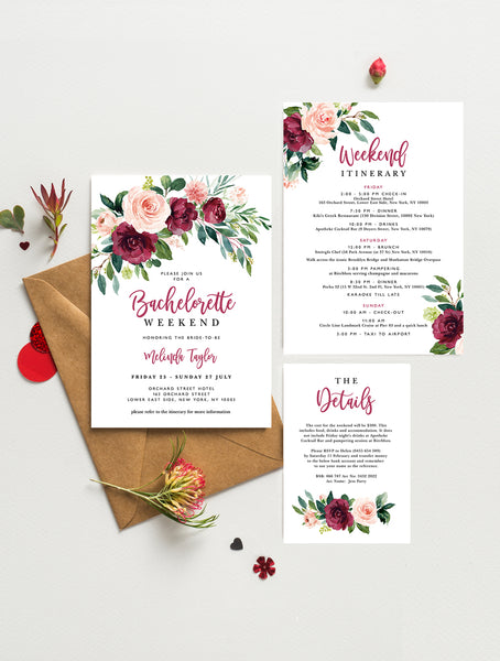GB04burg Burgundy Blush Greenery Bachelorette Party Invitation