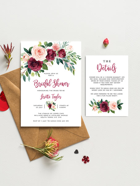 GB04burg Burgundy Blush Greenery Bridal Shower Invitation