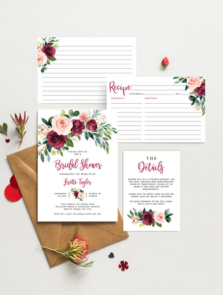 GB04burg Burgundy Blush Greenery Bridal Shower Invitation 3P