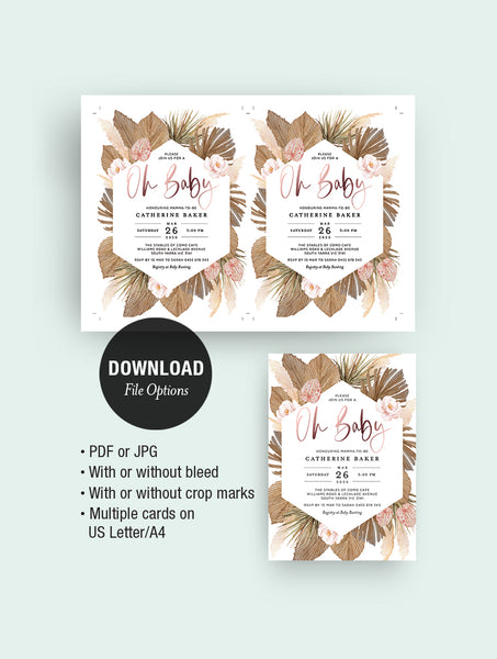 GRASS01 Pampas Grass Oh Baby Shower Invitation Rose Gold