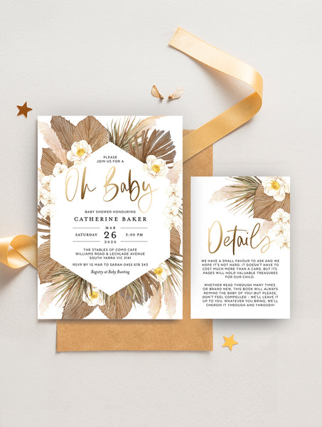 GRASS02W Pampas Grass Oh Baby Shower Invitation Gold