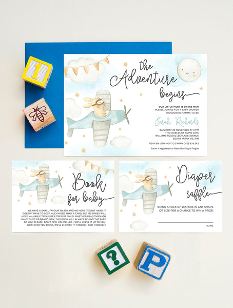 Airplane Baby Shower Invitation - Baby Bunny UPUP1 Blue