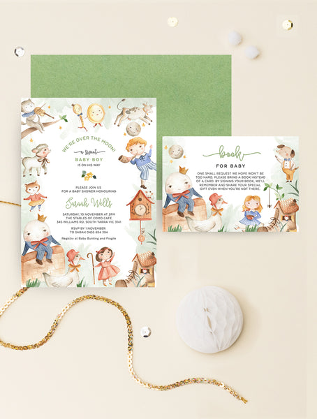 NRHY01 Nursery Rhyme Baby Shower Invitation 2P Green