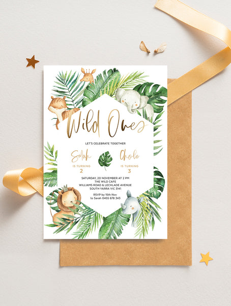 SAF01 Wild Ones Safari Animals Birthday Invitation