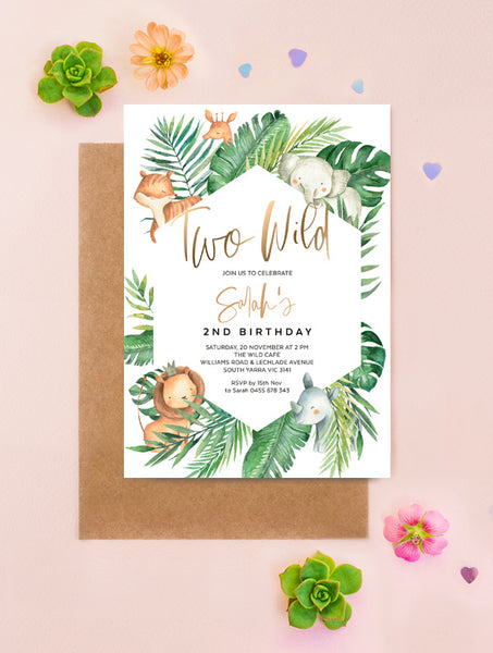 SAF01 Two Wild Safari Animals Birthday Invitation