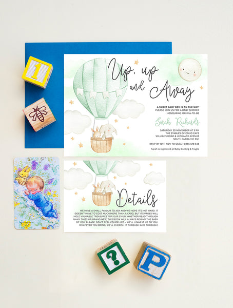 Up And Away Hot Air Balloon Baby Shower Invitation 2P Green