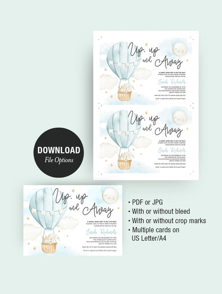 Up And Away Hot Air Balloon Baby Shower Invitation 2P Blue