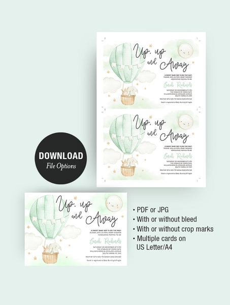 Up up And Away Hot Air Balloon Baby Shower Invitation 3P Green
